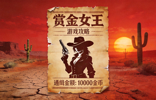 赏金女王游戏攻略封面：红色西部荒漠背景与赏金通缉令风格界面